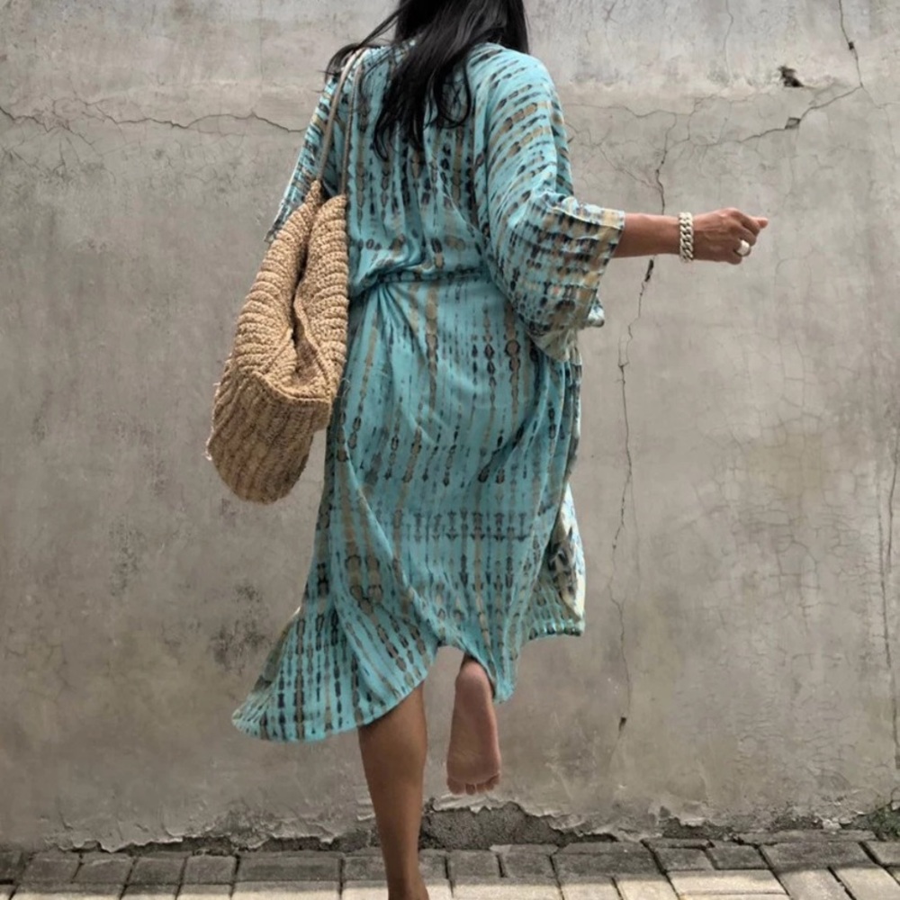 Turquoise Tie Dye Boho Swim Coverup Kimono Robe - Picture 9 of 9